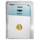 1853-O $1.00 GOLD, EMGC CH/GEM BU 1853-O $1.00 GOLD, EMGC CH/GEM BU