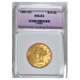 1891-CC $10.00 GOLD LIBERTY, NGP CH/GEM BU 1891-CC $10.00 GOLD LIBERTY, NGP CH/GEM BU