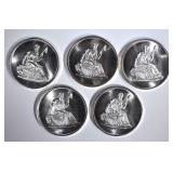 5-ONE OUNCE .999 SILVER 'SEATED LIBERTY' ROUNDS 5-ONE OUNCE .999 SILVER 'SEATED LIBERTY' ROUNDS