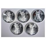 5-ONE OUNCE .999 SILVER 'STANDING LIBERTY' ROUNDS 5-ONE OUNCE .999 SILVER 'STANDING LIBERTY' ROUNDS