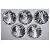 5-ONE OUNCE .999 SILVER "STANDING LIBERTY" ROUNDS