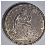 1869 SEATED HALF DOLLAR, CH AU NICE 1869 SEATED HALF DOLLAR, CH AU NICE