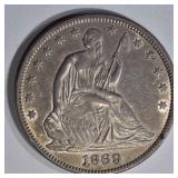 1869 SEATED HALF DOLLAR, CH AU NICE