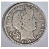 1907-S BARBER HALF DOLLAR, VG/F