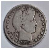 1913 BARBER HALF DOLLAR, VG