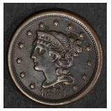 1851 LARGE CENT, AU dark