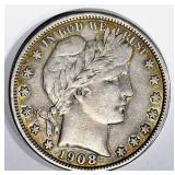 1908 BARBER HALF DOLLAR, CHOICE XF 1908 BARBER HALF DOLLAR, CHOICE XF