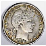 1908 BARBER HALF DOLLAR, CHOICE XF