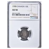 1908 SILVER CANADA 10 CENTS NGC AU 58 1908 SILVER CANADA 10 CENTS NGC AU 58