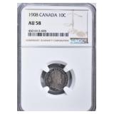 1908 SILVER CANADA 10 CENTS  NGC AU 58