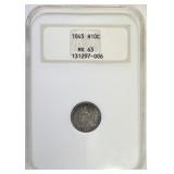 1845 HALF DIME, NGC MS-63 NICE