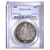 1843 SEATED DOLLAR, PCGS AU-50 NICE COIN