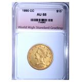 1890-CC $10.00 GOLD LIBERTY, WHSG AU/BU