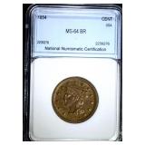 1854 LARGE CENT, NNC CH/GEM BU BR