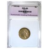 1913-S TYPE-2 BUFFALO NICKEL, NGP CH BU 1913-S TYPE-2 BUFFALO NICKEL, NGP CH BU