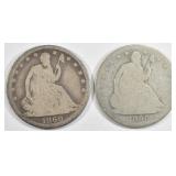 (2) 1860-O STEATED LIBERTY HALF DOLLARS GOOD