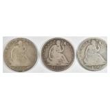 1855-O,(2) 58-O STEATED LIBERTY HALF DOLLARS GOOD