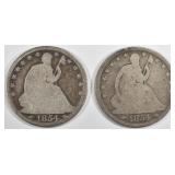 (2) 1854-O STEATED LIBERTY HALF DOLLARS GOOD