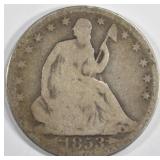 1853 STEATED LIBERTY 50c W/ ARROWS & RAYS GOOD