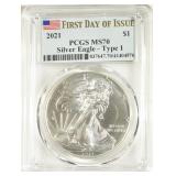 2021 AMERICAN SILVER EAGLE T1 FDOI PCGS MS 70 2021 AMERICAN SILVER EAGLE T1 FDOI PCGS MS 70