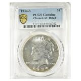 1934-S PEACE DOLLAR PCGS CLEANED AU DETAILS