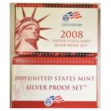 2008, 09 UNITED STATES SILVER PROOF SETS OGP 2008, 09 UNITED STATES SILVER PROOF SETS OGP