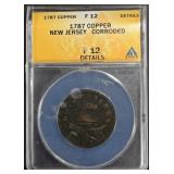 1787 COPPER NEW JERSEY CORRODED ANACS F12 DETAILS