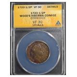 1723 1/2P WOODS HIBERNIA COINAGE ANACS VF30 DET 1723 1/2P WOODS HIBERNIA COINAGE ANACS VF30 DET