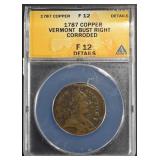 1787 COPPER VERMONT BUST RIGHT ANACS F12 DETAILS