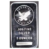 (1) 5 OZ .999 SILVER SUNSHINE MINTING BAR (1) 5 OZ .999 SILVER SUNSHINE MINTING BAR