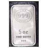 (1) 5 OZ .999 SILVER JBR BAR