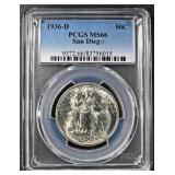 1936-D SAN DIEGO COMMEM HALF DOLLAR PCGS MS 66