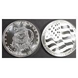 (2) 1 OZ .999 SILVER FLAG & SNAKE ROUNDS