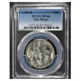 1936-D SAN DIEGO COMMEM HALF DOLLAR PCGS MS 66