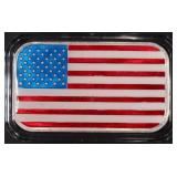 ONE OZ .999 ENAMELED AMERICAN FLAG SILVER BAR ONE OZ .999 ENAMELED AMERICAN FLAG SILVER BAR