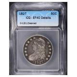 1827 CAPPED BUST HALF DOLLAR ICG EF40 DETAILS