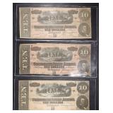 (3) CONFEDERATE $10 NOTES