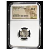 115/4 BC M,CIPIUS M.F. AR DENARIUS NGC CH F