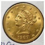 1907 $10 GOLD LIBERTY WITH MOTTO CH TO GEM BU