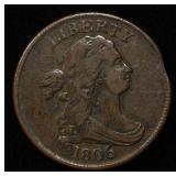 1806 DRAPED BUST HALF CENT LARGE 6, STEMS XF