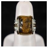 10K YELLOW GOLD TIGER EYE RING WITH DIAMONDS