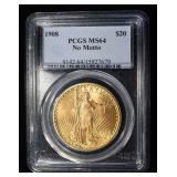 1908 NO MOTTO $20 GOLD ST. GAUDENS PCGS MS-64