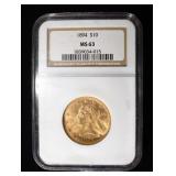 1894 $10 GOLD LIBERTY WITH MOTTO NGC MS63