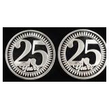 (2) 1 OZ 25 YEARS  .999 SILVER ROUNDS