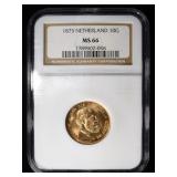 1875 NETHERLAND GOLD 10 GULDING NGC MS-66