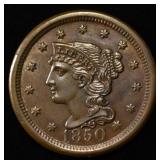 1850 BRAIDED HAIR LARGE CENT CH/GEM BU