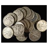 (20) 90% SILVER WALKING LIBERTY HALF DOLLARS