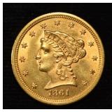 1861 $2.5 LIBERTY GOLD VERY CHOICE BU NEAR GEM