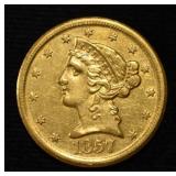 1875-D $5 LIBERTY GOLD NO MOTTO BU