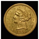 1844-0 $5 LIBERTY  GOLD NO MOTTO BU